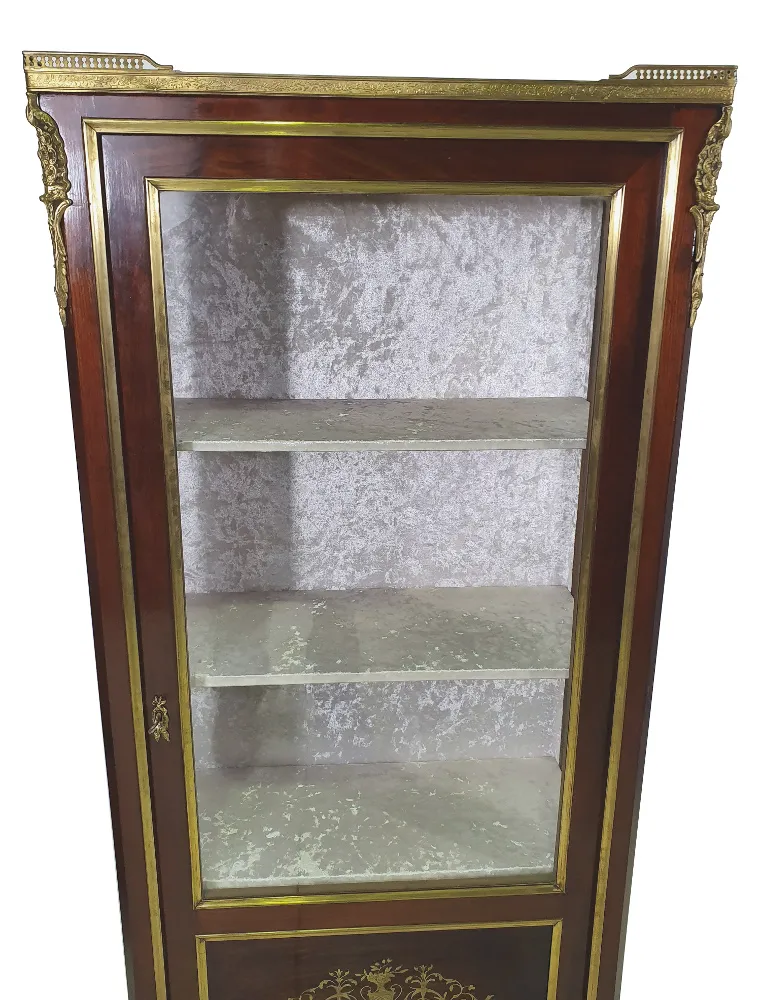 Fully Restored 19th Century Brass Inlaid Mahogany Display Case with Marble Top