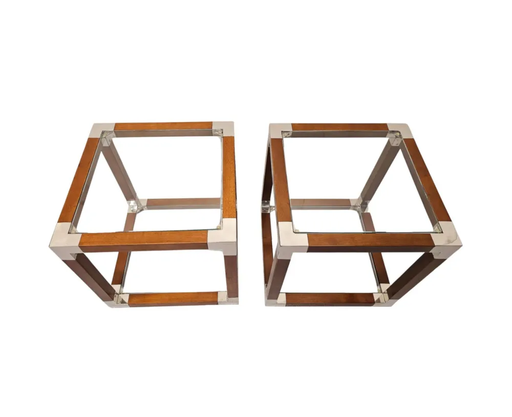 A Gorgeous Pair of Walnut and Glass Side Tables