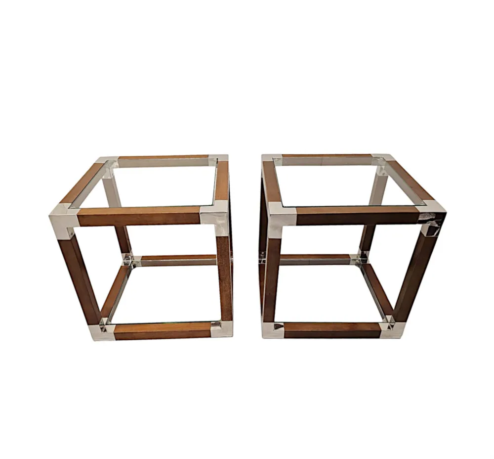 A Gorgeous Pair of Walnut and Glass Side Tables