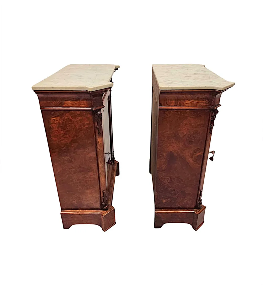 A Very Rare Pair of 19th Century Carrara White Marble Top Cabinets