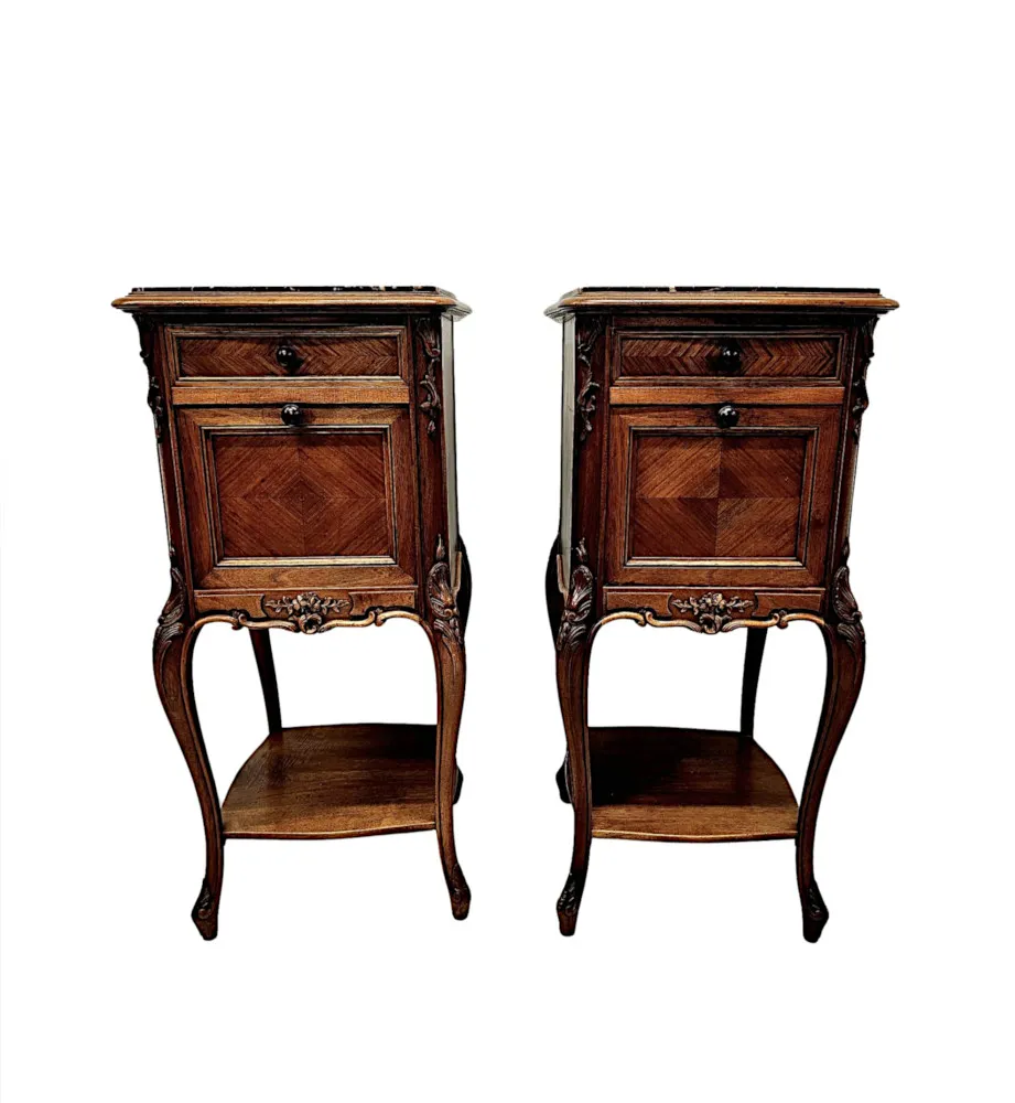 A Stunning Pair of 19th Century Walnut Marble Top Bedside Cabinets