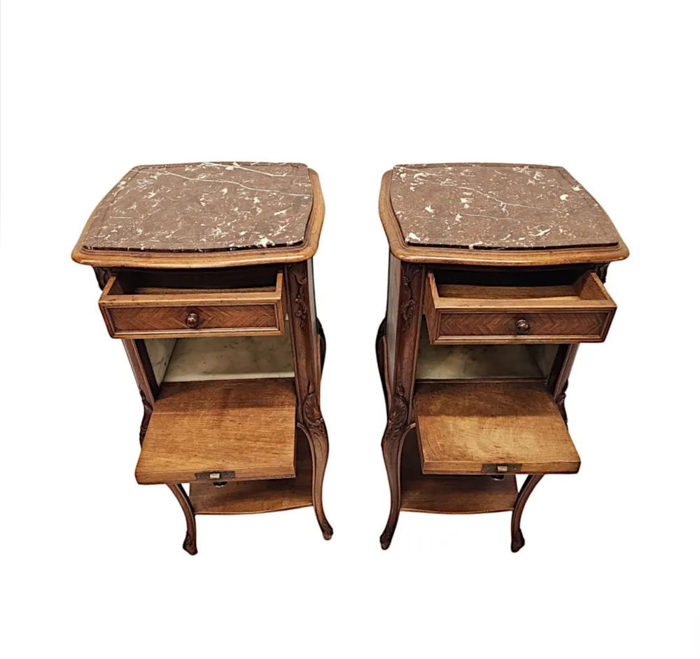A Stunning Pair of 19th Century Walnut Marble Top Bedside Cabinets