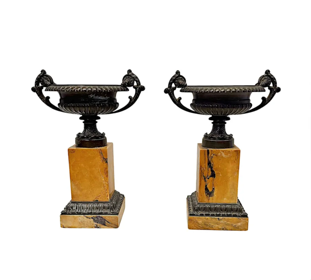 A Very Rare Pair of 19th Century Bronze and Sienna Marble Tazza Urns