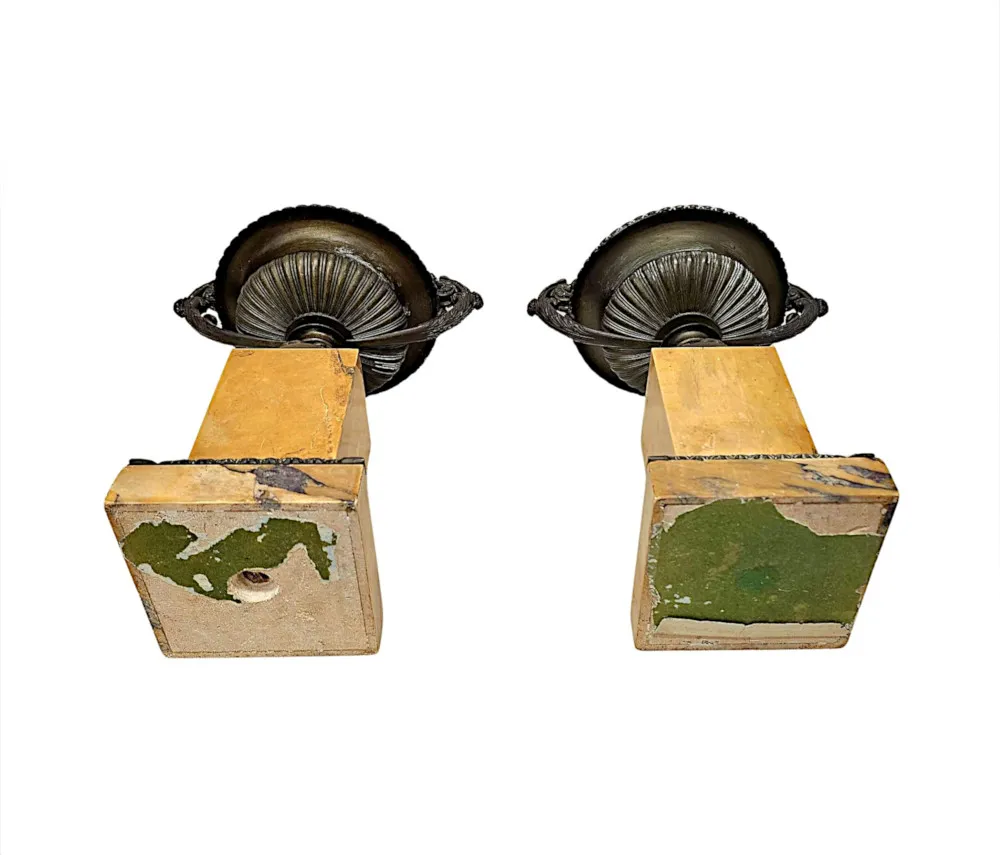 A Very Rare Pair of 19th Century Bronze and Sienna Marble Tazza Urns