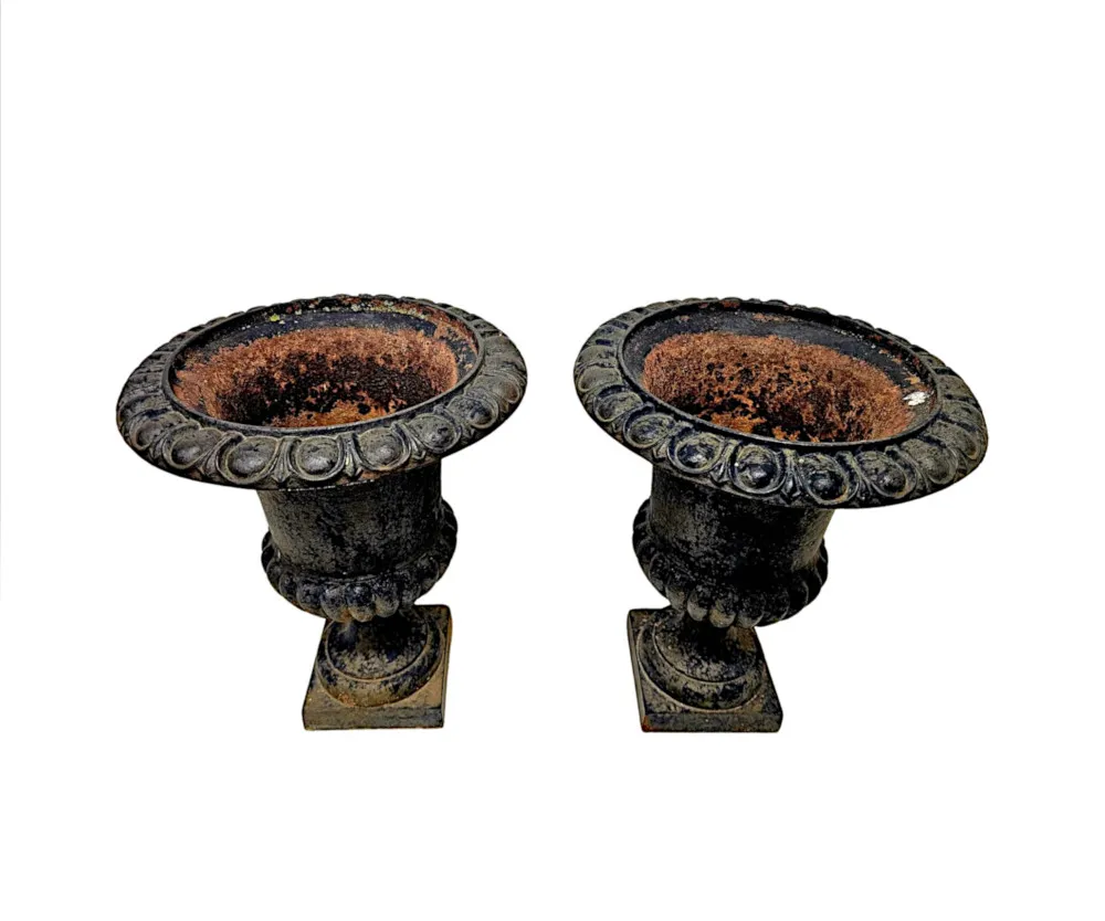  A Fabulous Pair of 19th Century Large Heavy Cast Iron Garden Urns
