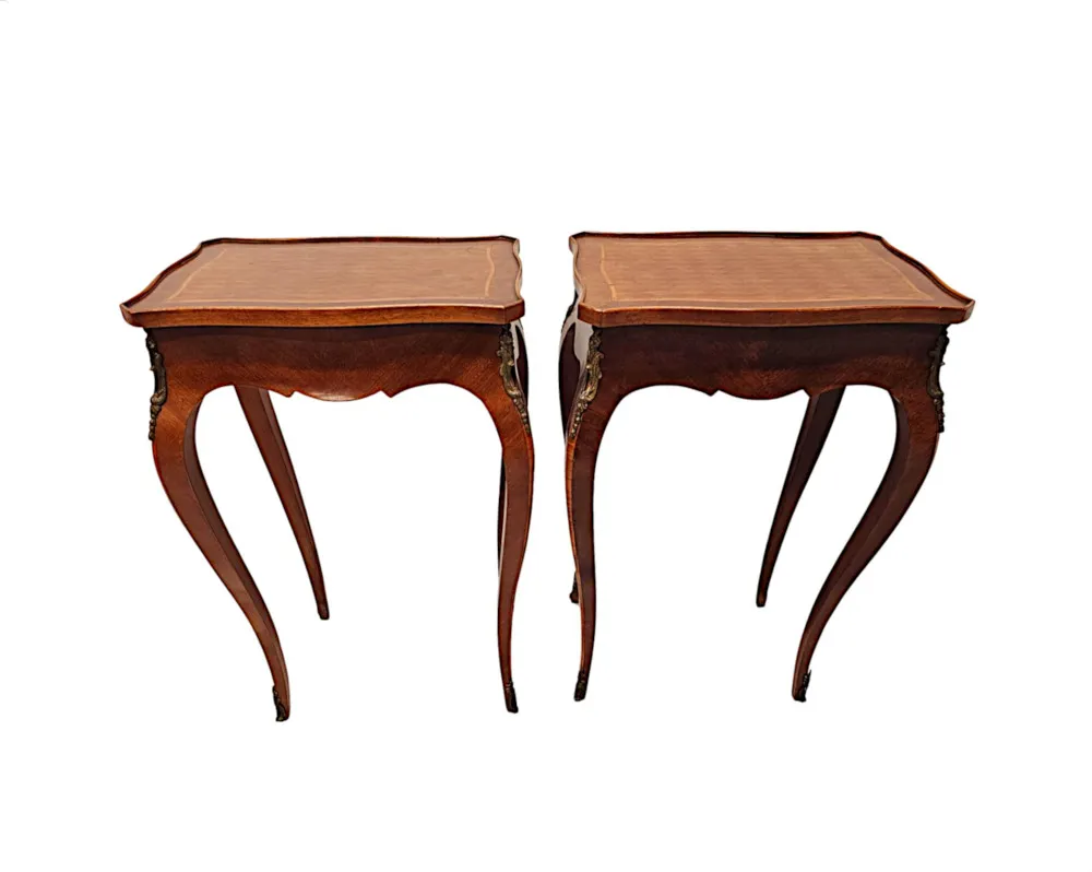 A Fabulous Pair of Early 20th Century Ormolu Mounted Side Tables with Parquetry Detail