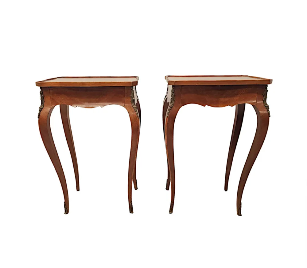 A Fabulous Pair of Early 20th Century Ormolu Mounted Side Tables with Parquetry Detail
