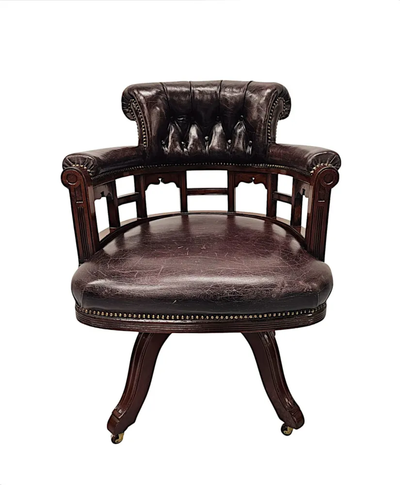 A Very Fine 19th Century Mahogany and Button Back Leather Revolving Office or Desk Chair