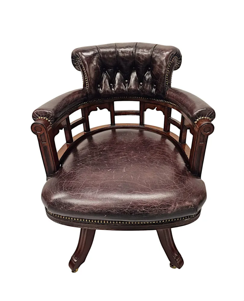 A Very Fine 19th Century Mahogany and Button Back Leather Revolving Office or Desk Chair