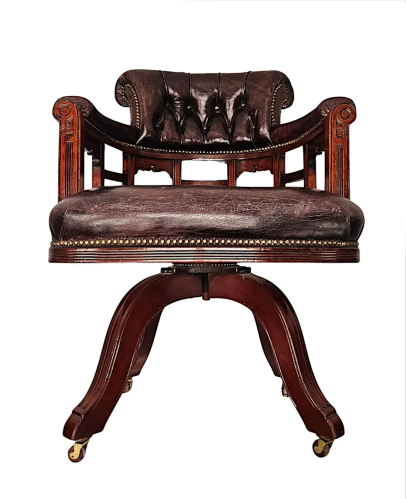 A Very Fine 19th Century Mahogany and Button Back Leather Revolving Office or Desk Chair