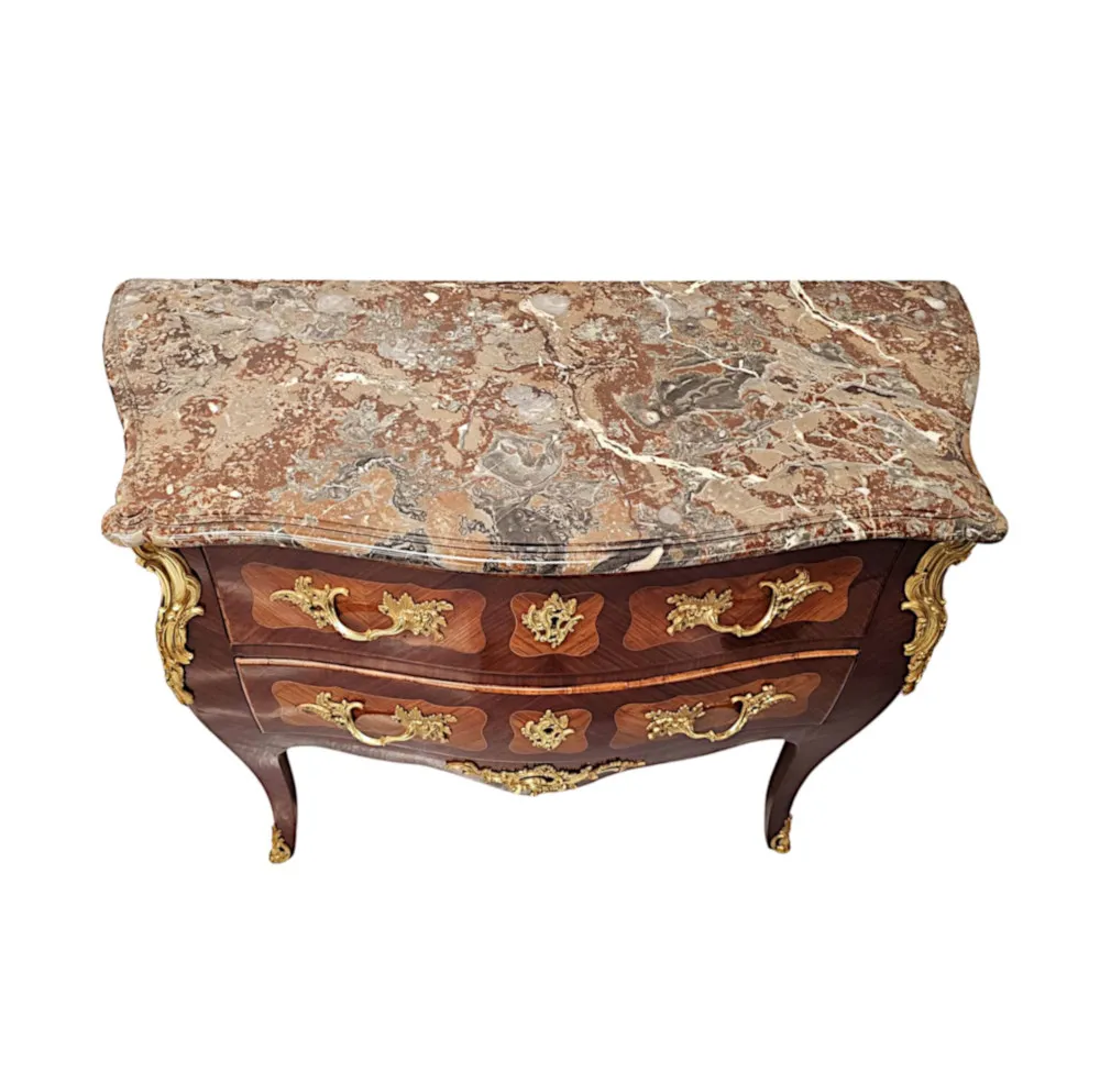  A Very Rare Pair of 19th Century Marble Top Bombe Shaped Chests or Commodes