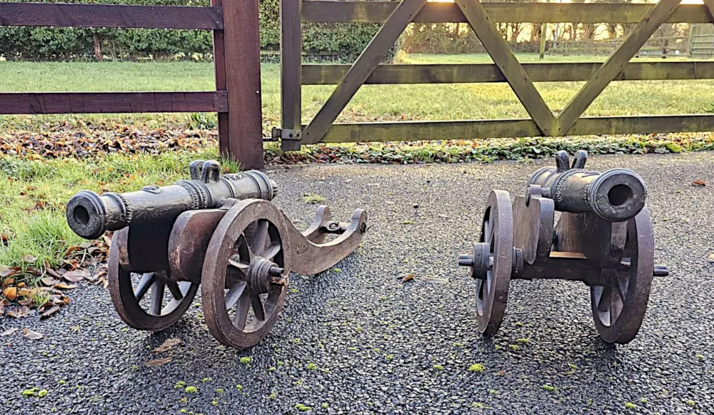 A Very Rare Pair of 19th Century Bronze Barrelled Signal Cannons on Timber Base