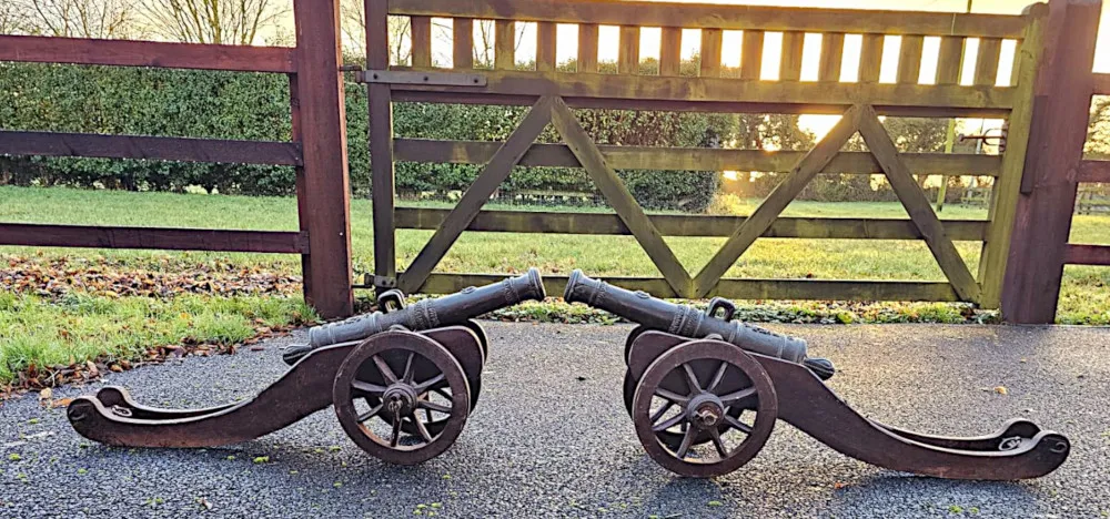 A Very Rare Pair of 19th Century Bronze Barrelled Signal Cannons on Timber Base