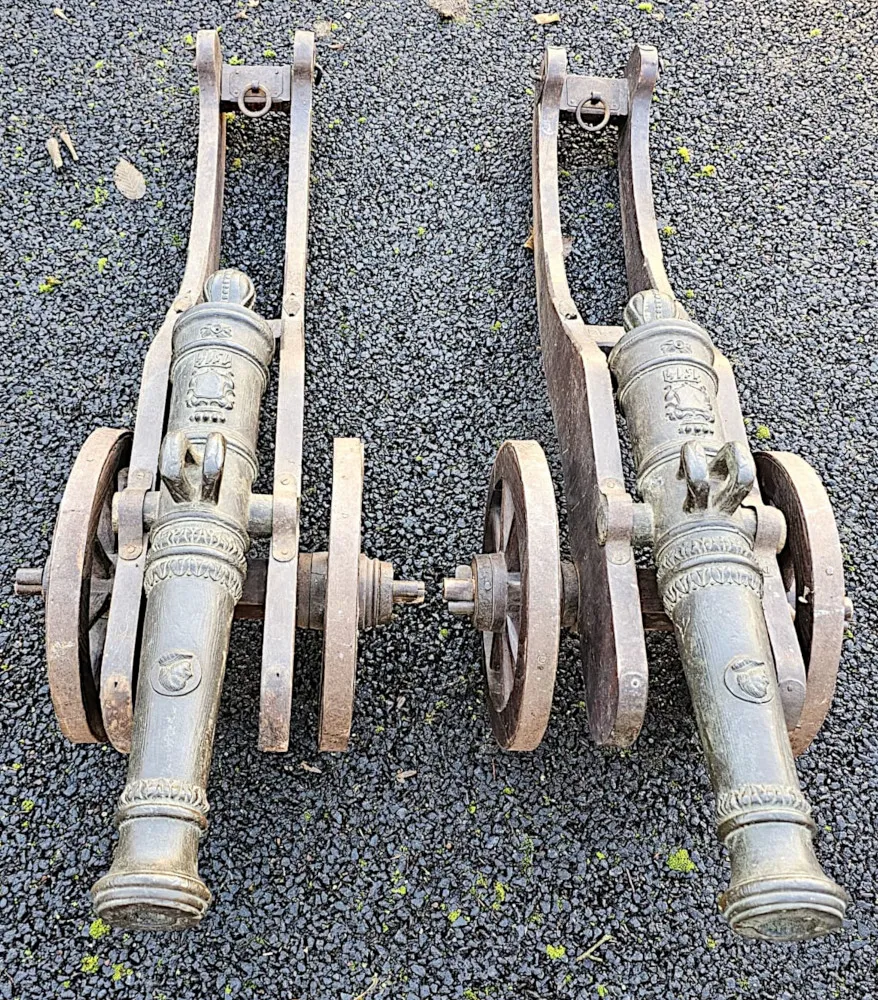 A Very Rare Pair of 19th Century Bronze Barrelled Signal Cannons on Timber Base