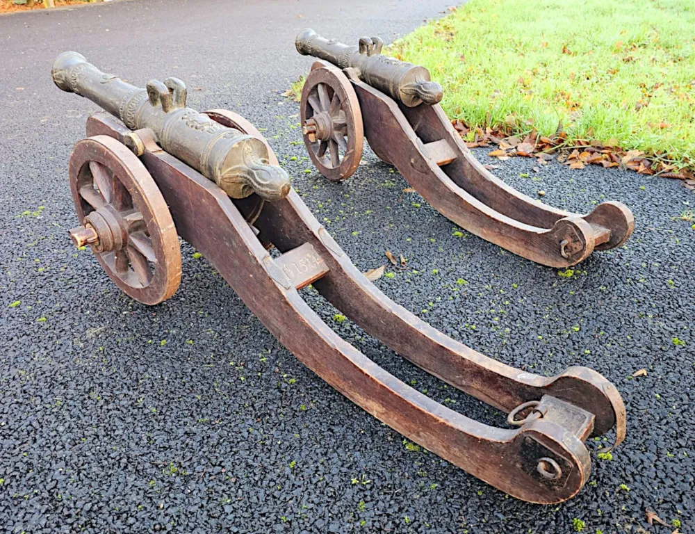 A Very Rare Pair of 19th Century Bronze Barrelled Signal Cannons on Timber Base