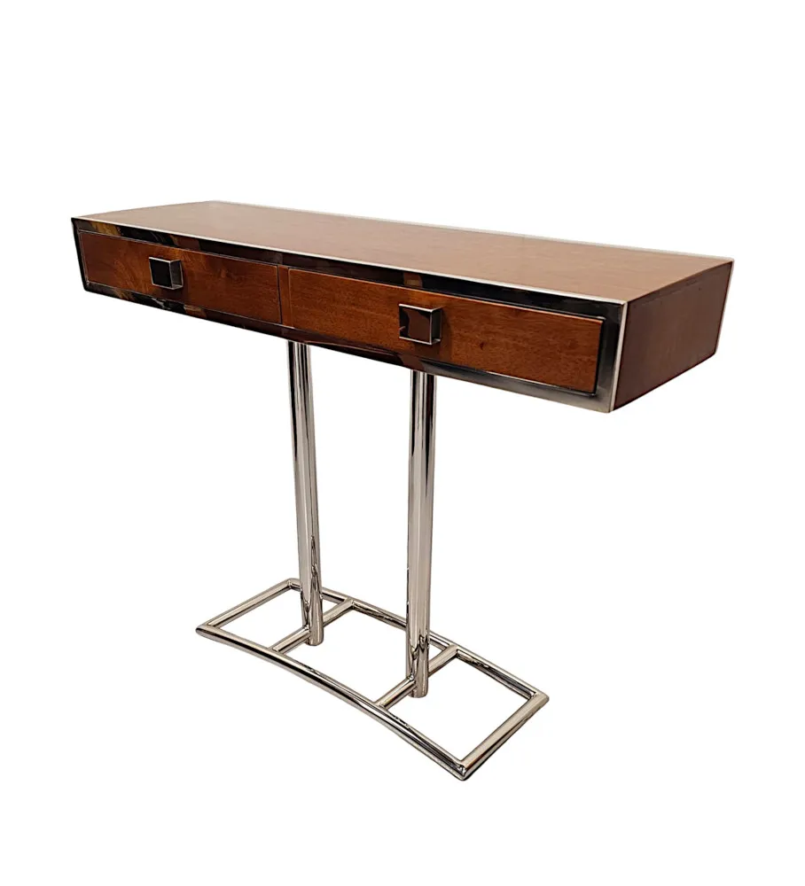 A Fabulous Hand Made Art Deco Design Walnut and Chrome Console Table