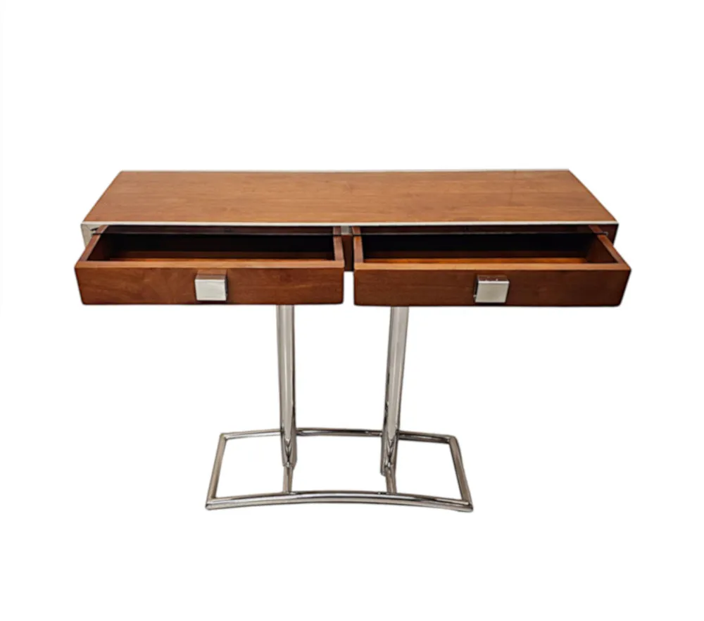 A Fabulous Hand Made Art Deco Design Walnut and Chrome Console Table