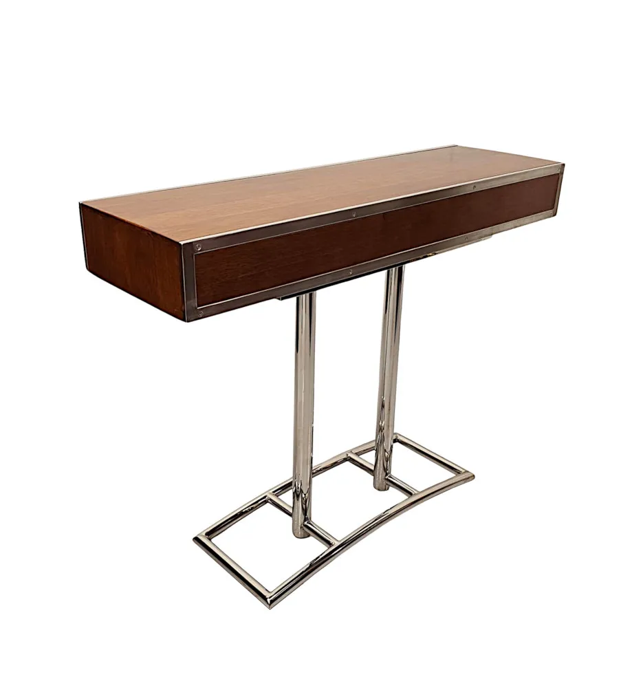 A Fabulous Hand Made Art Deco Design Walnut and Chrome Console Table