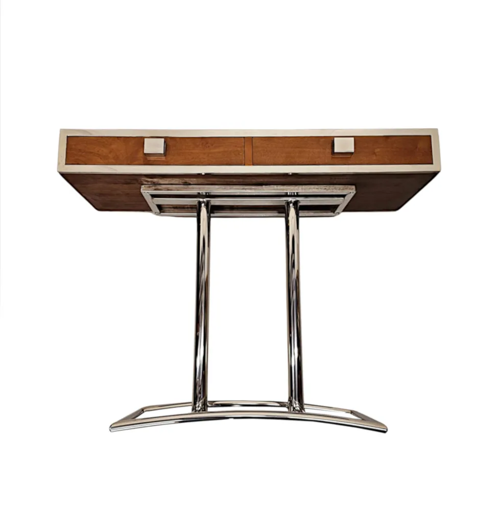A Fabulous Hand Made Art Deco Design Walnut and Chrome Console Table