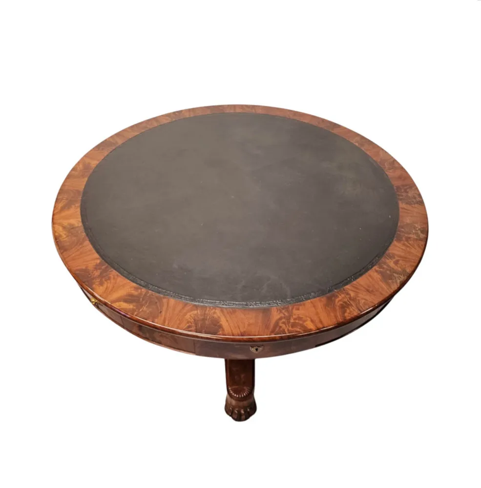  A Very Rare Large 19th Century Flame Mahogany Leather Top Drum Centre Table