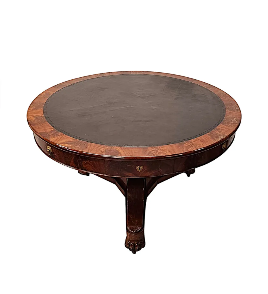  A Very Rare Large 19th Century Flame Mahogany Leather Top Drum Centre Table