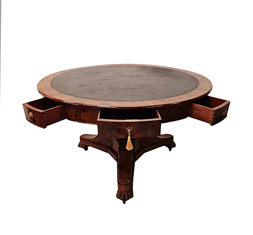  A Very Rare Large 19th Century Flame Mahogany Leather Top Drum Centre Table