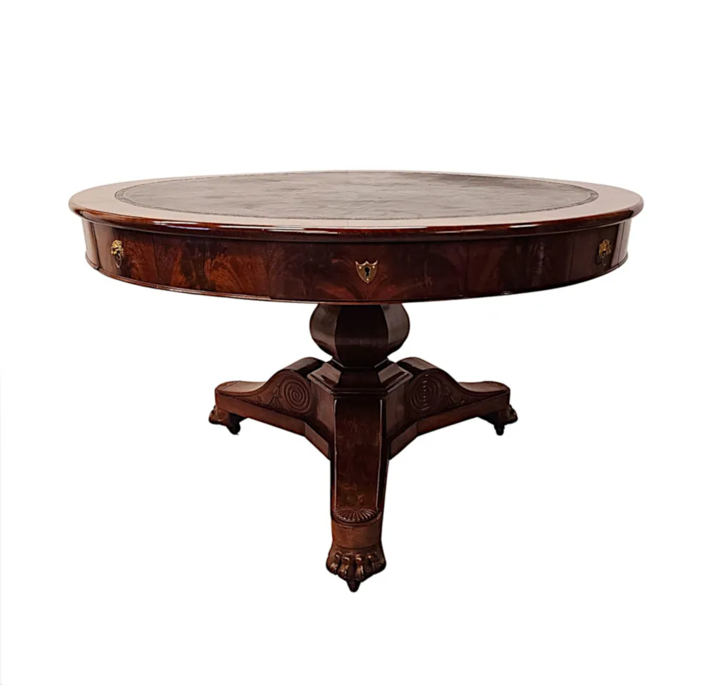  A Very Rare Large 19th Century Flame Mahogany Leather Top Drum Centre Table