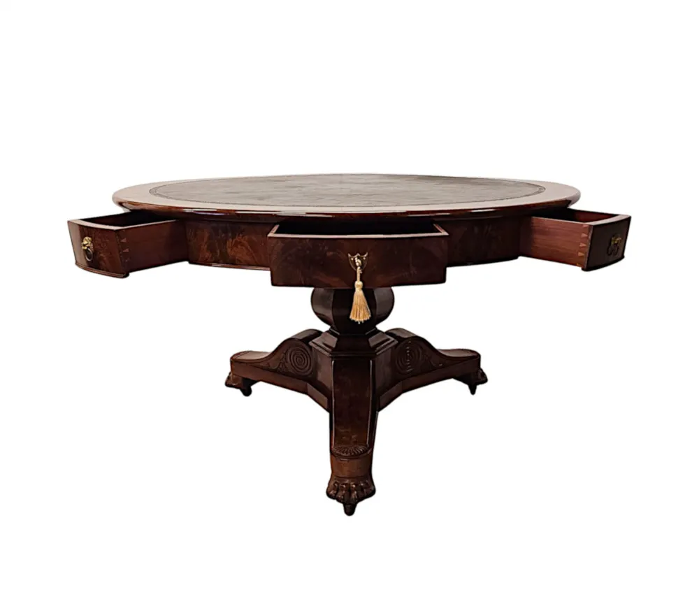 A Very Rare Large 19th Century Flame Mahogany Leather Top Drum Centre Table