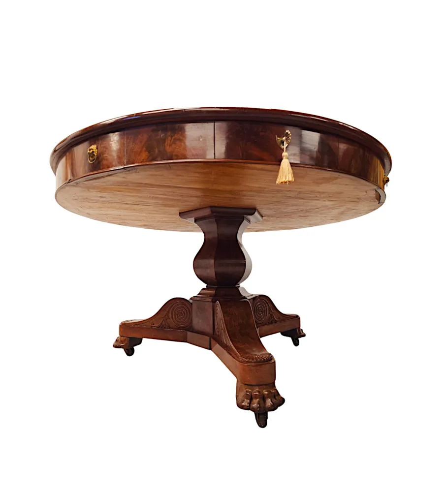  A Very Rare Large 19th Century Flame Mahogany Leather Top Drum Centre Table