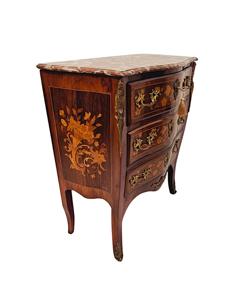  A Stunning Late 19th Century Marquetry Inlaid Marble Top Chest of Drawers