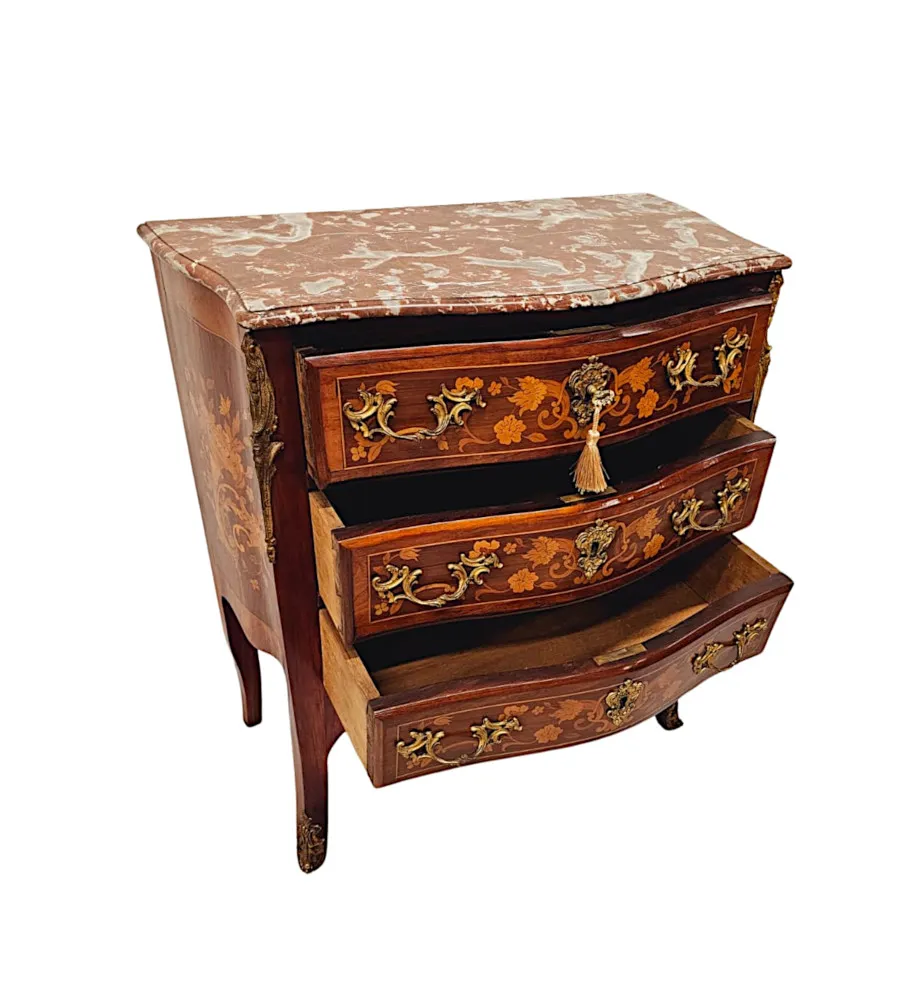  A Stunning Late 19th Century Marquetry Inlaid Marble Top Chest of Drawers