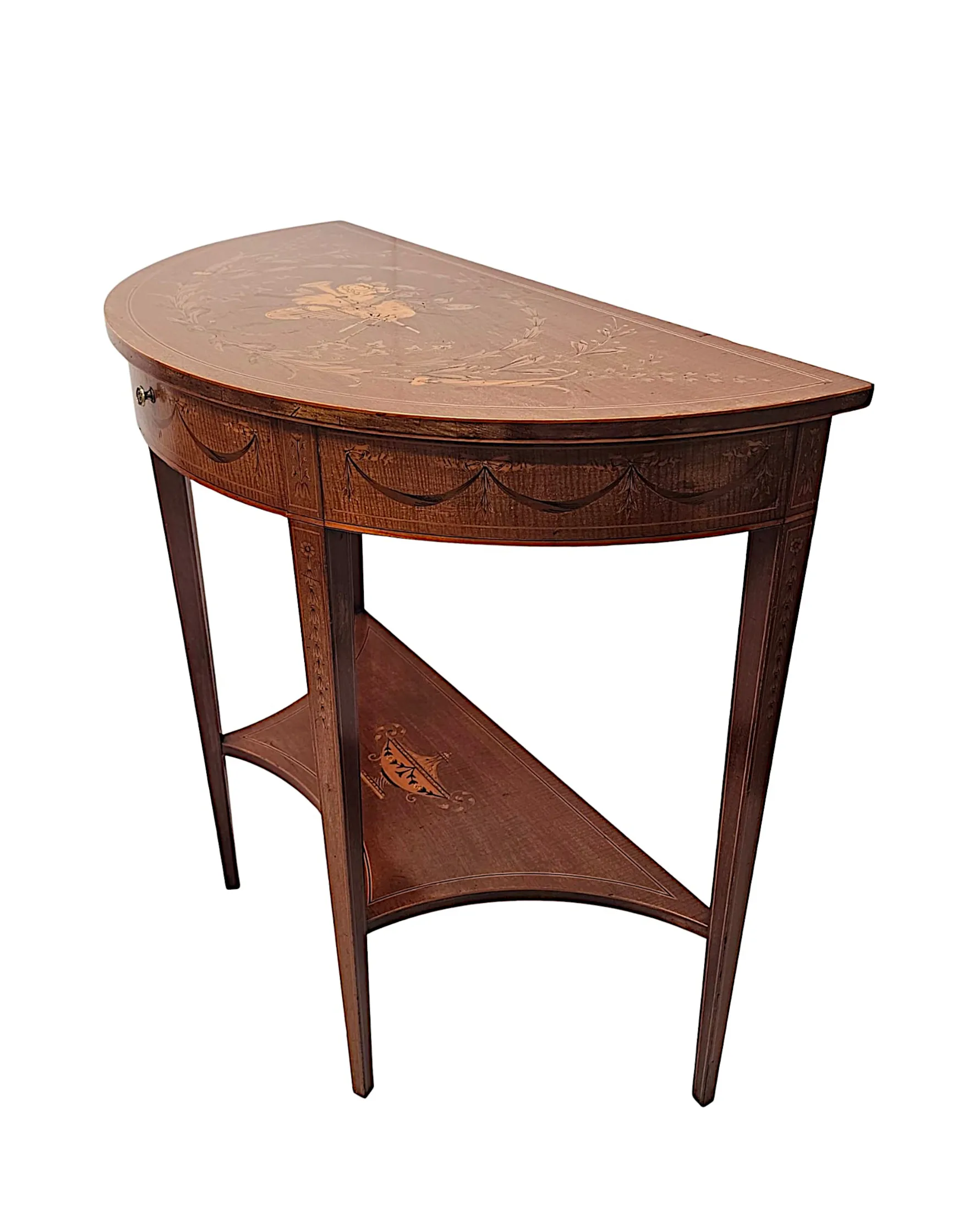A Very Rare Edwardian Marquetry Inlaid Demilune Hall or Console Table attributed to London Maker 'Edward and Roberts'