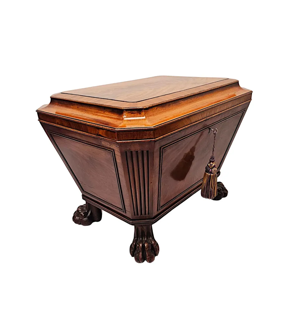 A Very Fine Early 19th Century Irish Sarcophagus Shaped Cellarette or Wine Cooler on Paw Foot