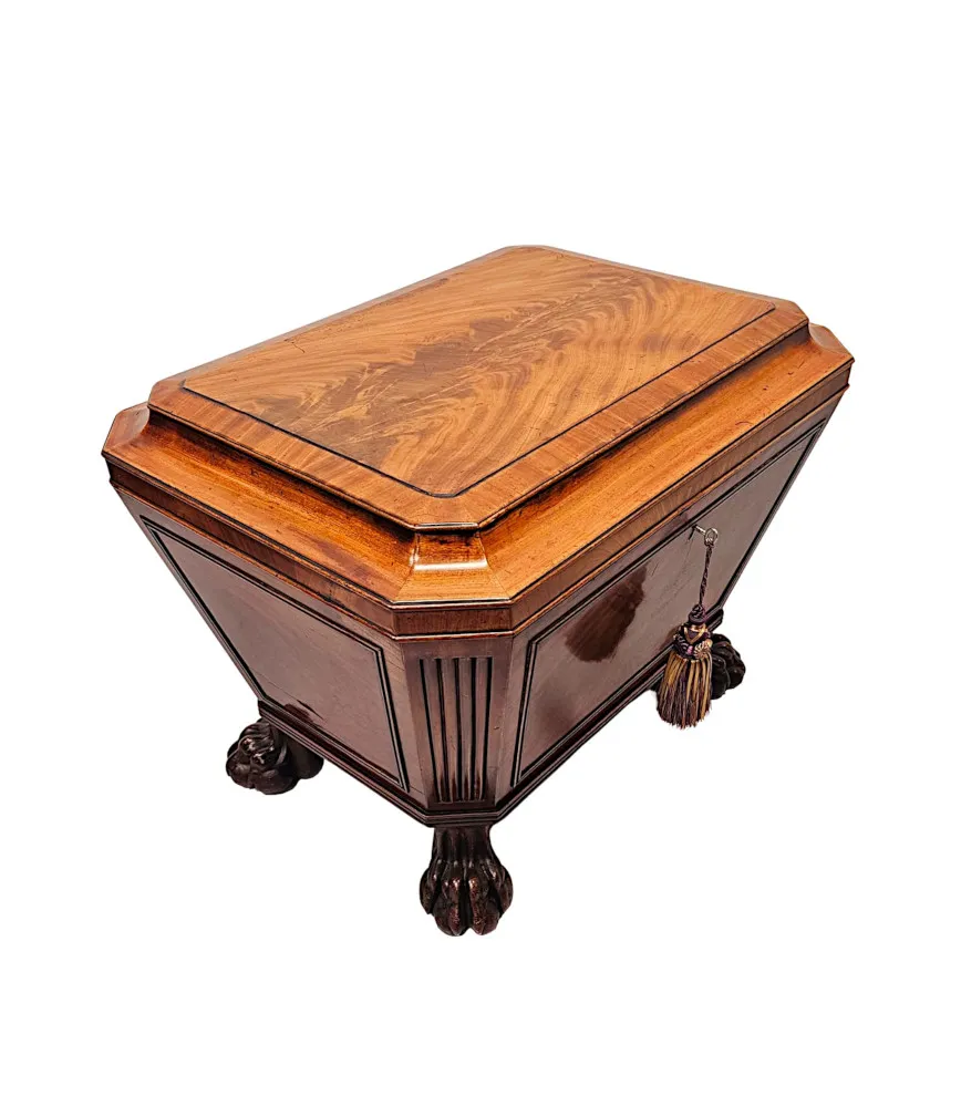 A Very Fine Early 19th Century Irish Sarcophagus Shaped Cellarette or Wine Cooler on Paw Foot