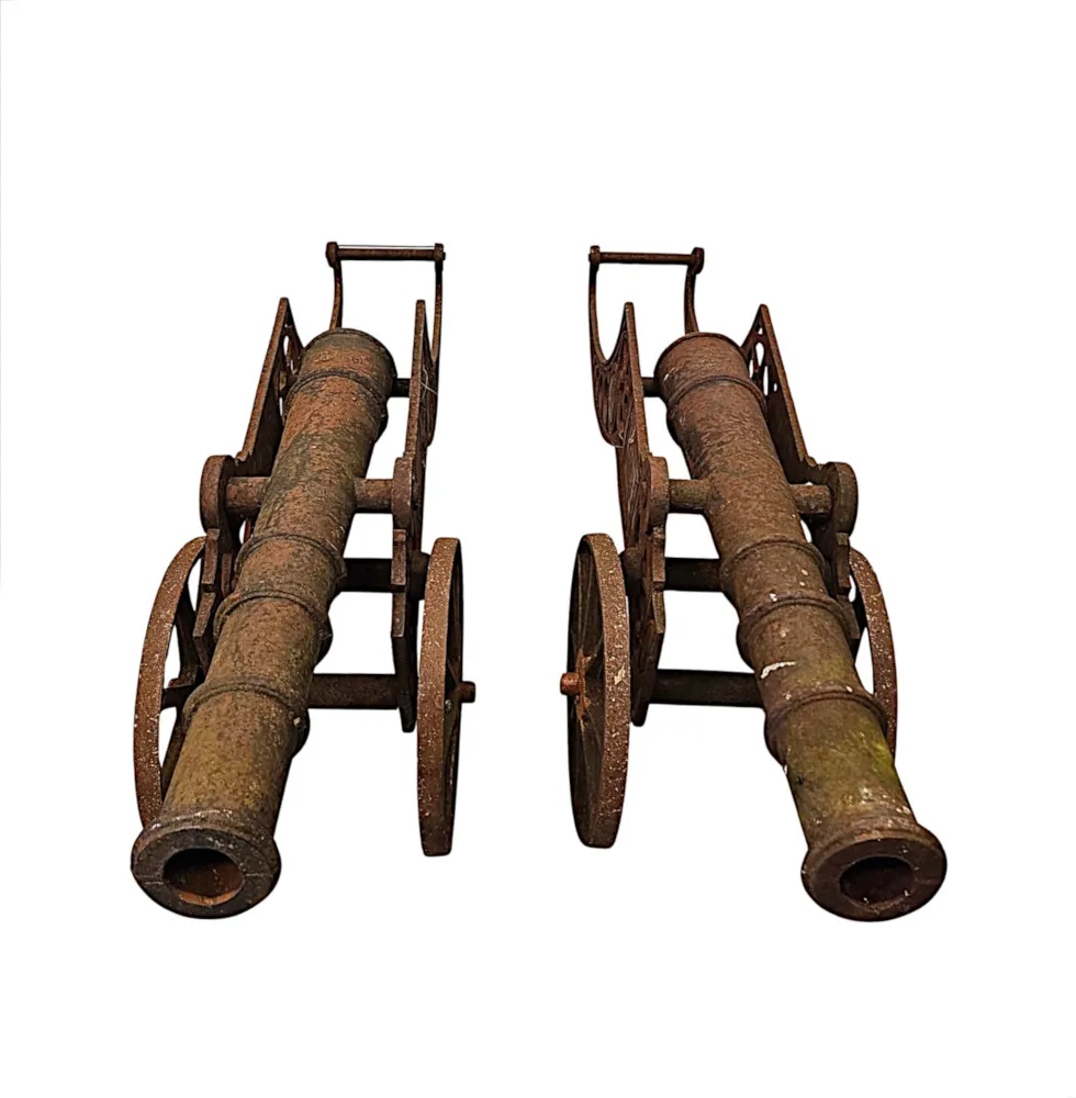 A Very Rare Pair of Mid 20th Century Heavy Cast Iron Garden Cannons