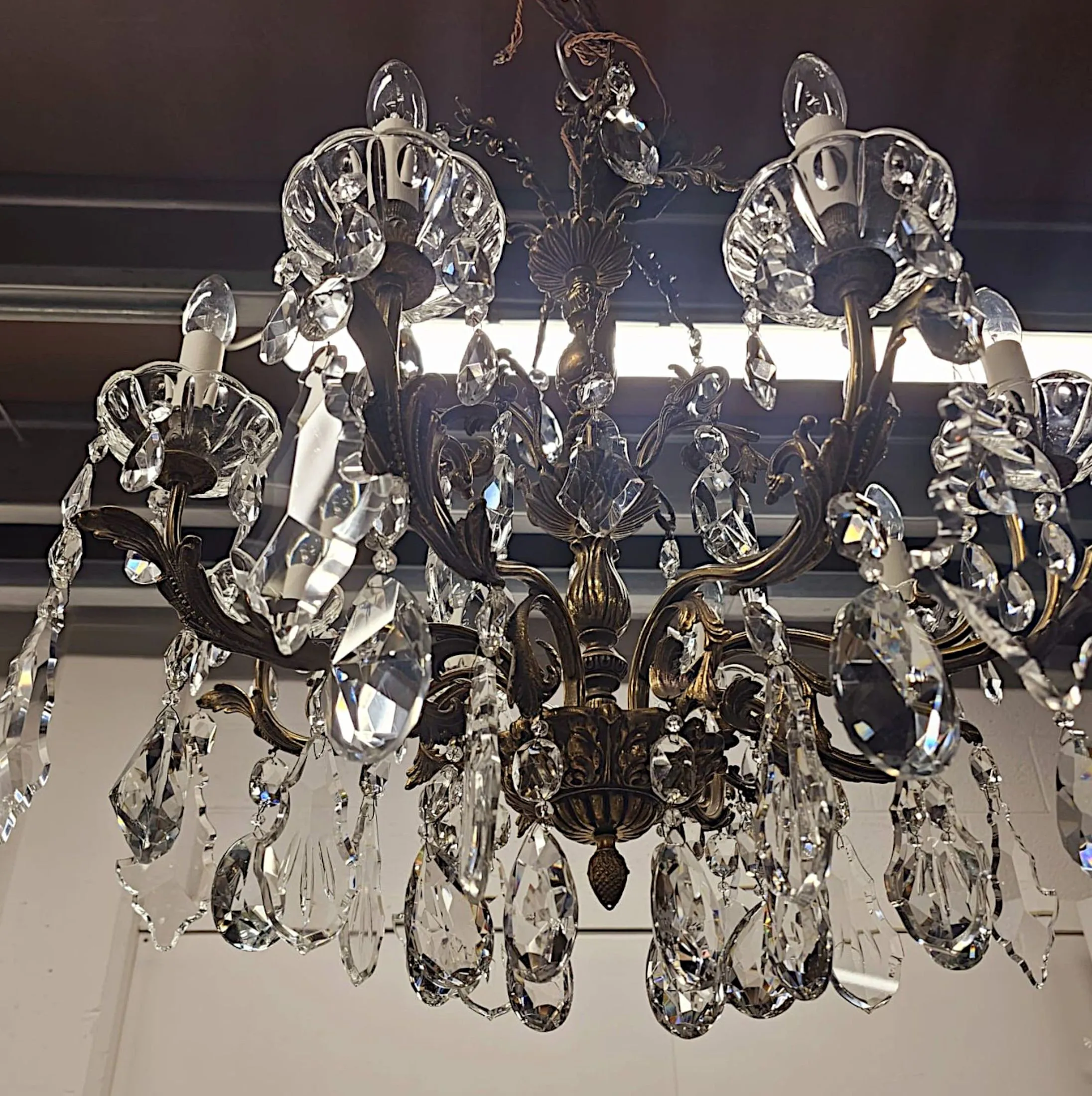 A Stunning Early 20th Century Italian Gilt Bronze and Crystal Eight Branch Rewired Chandelier