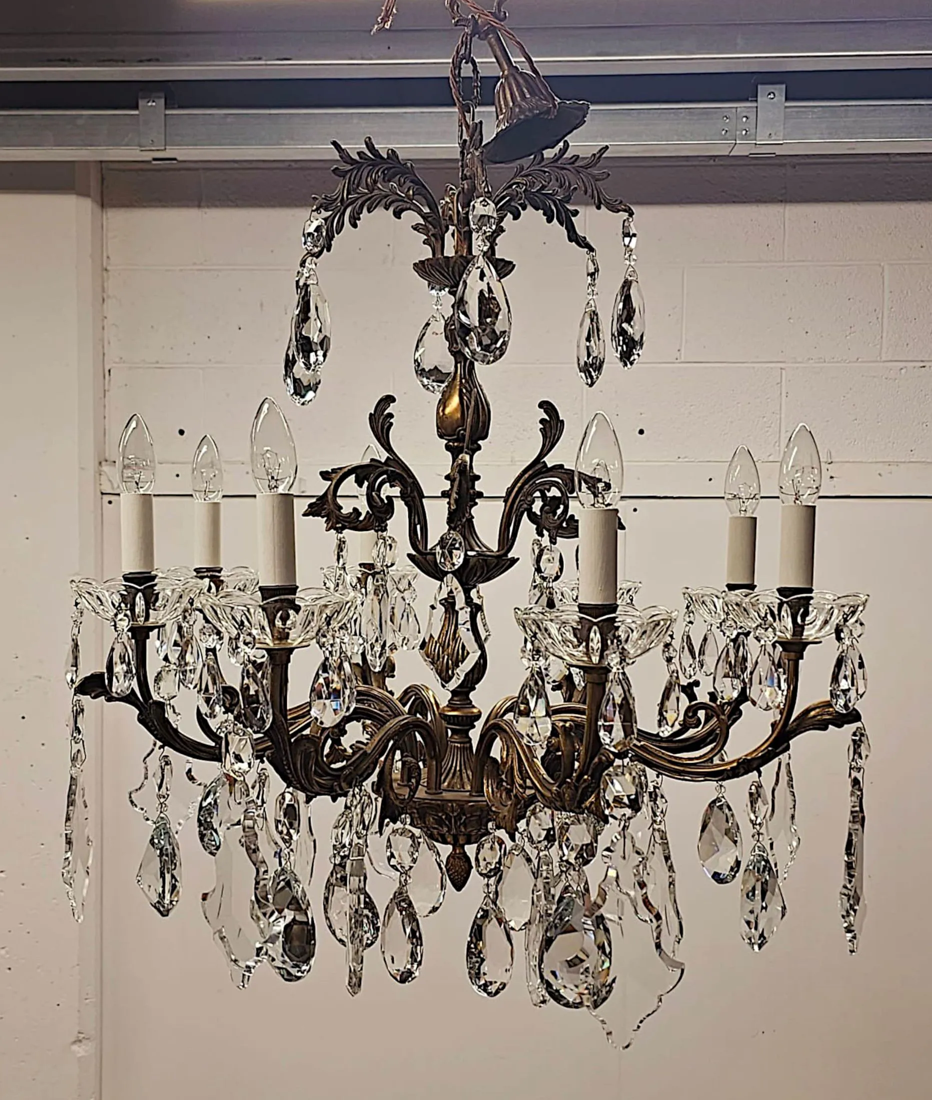 A Stunning Early 20th Century Italian Gilt Bronze and Crystal Eight Branch Rewired Chandelier
