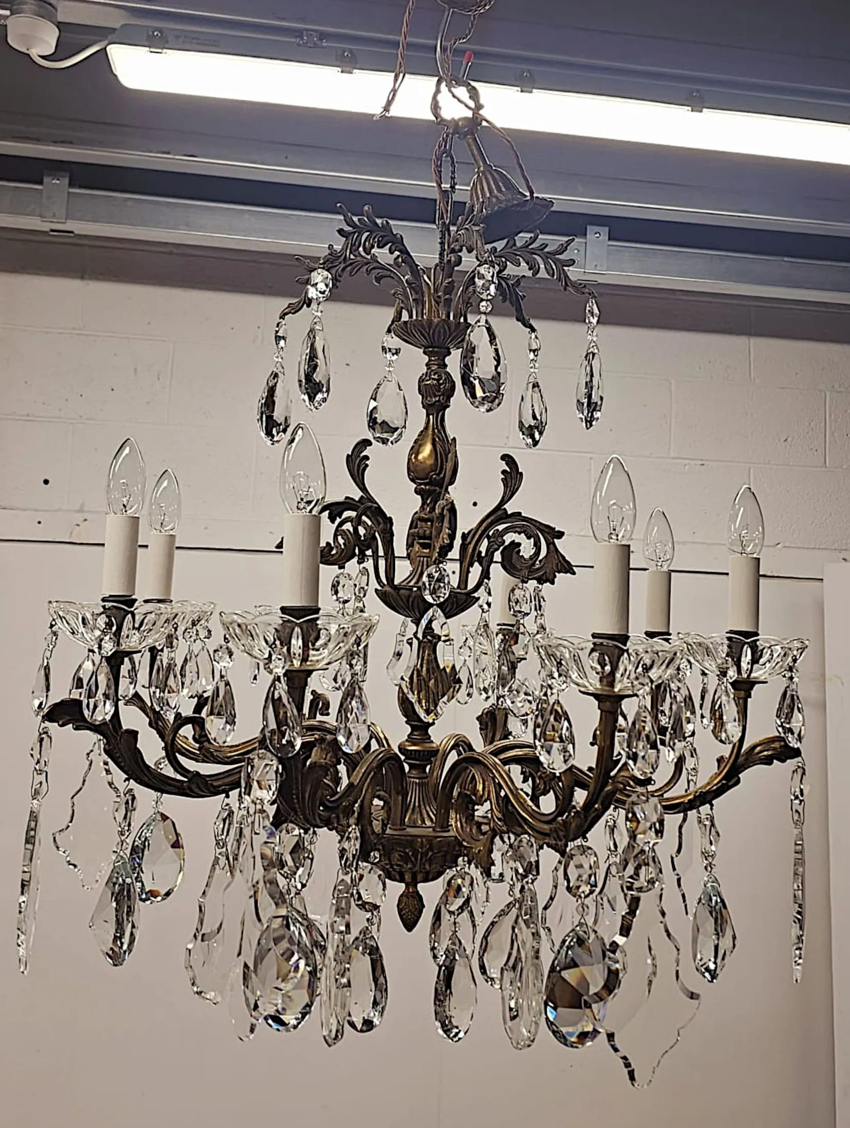 A Stunning Early 20th Century Italian Gilt Bronze and Crystal Eight Branch Rewired Chandelier