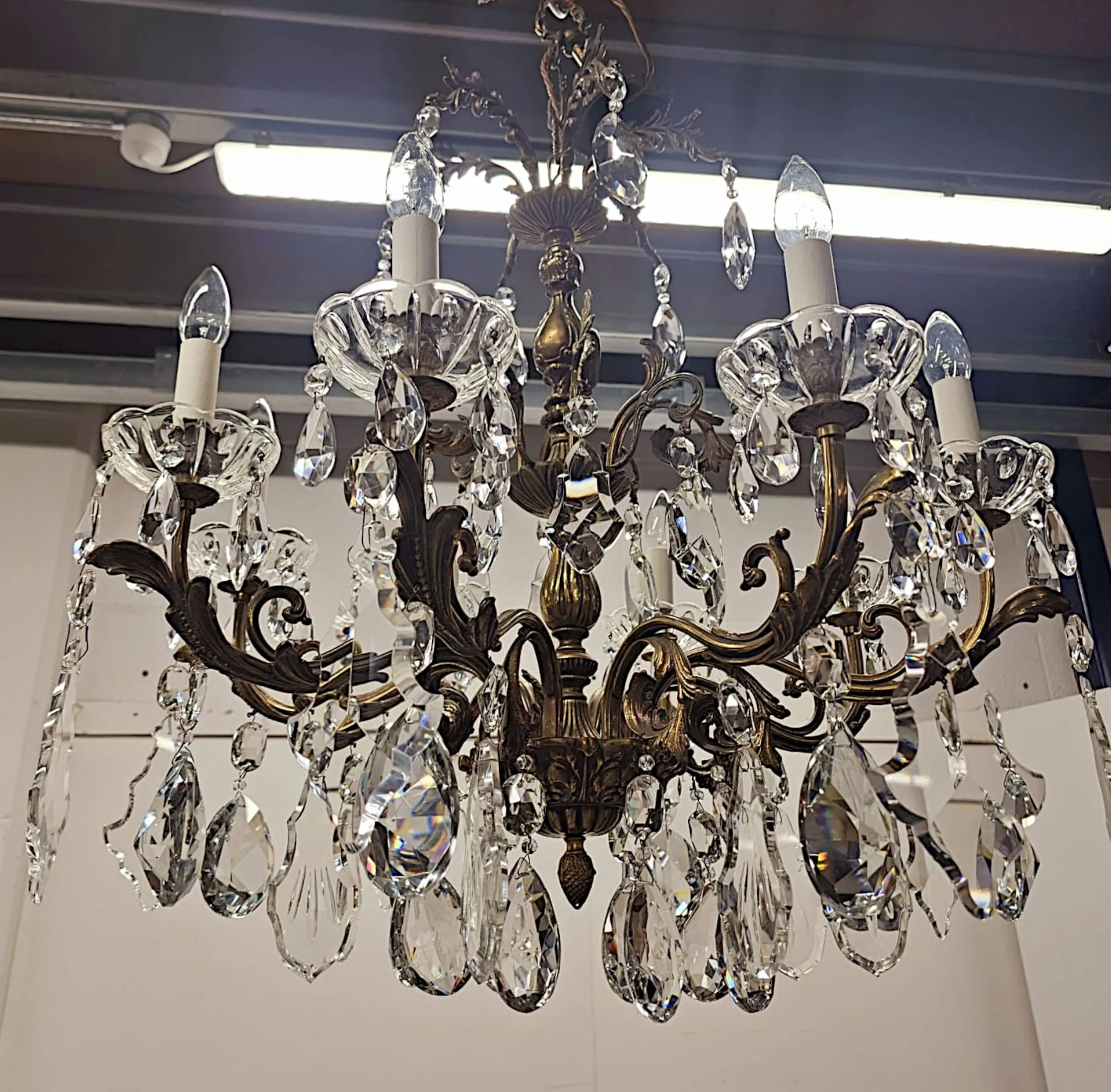 A Stunning Early 20th Century Italian Gilt Bronze and Crystal Eight Branch Rewired Chandelier