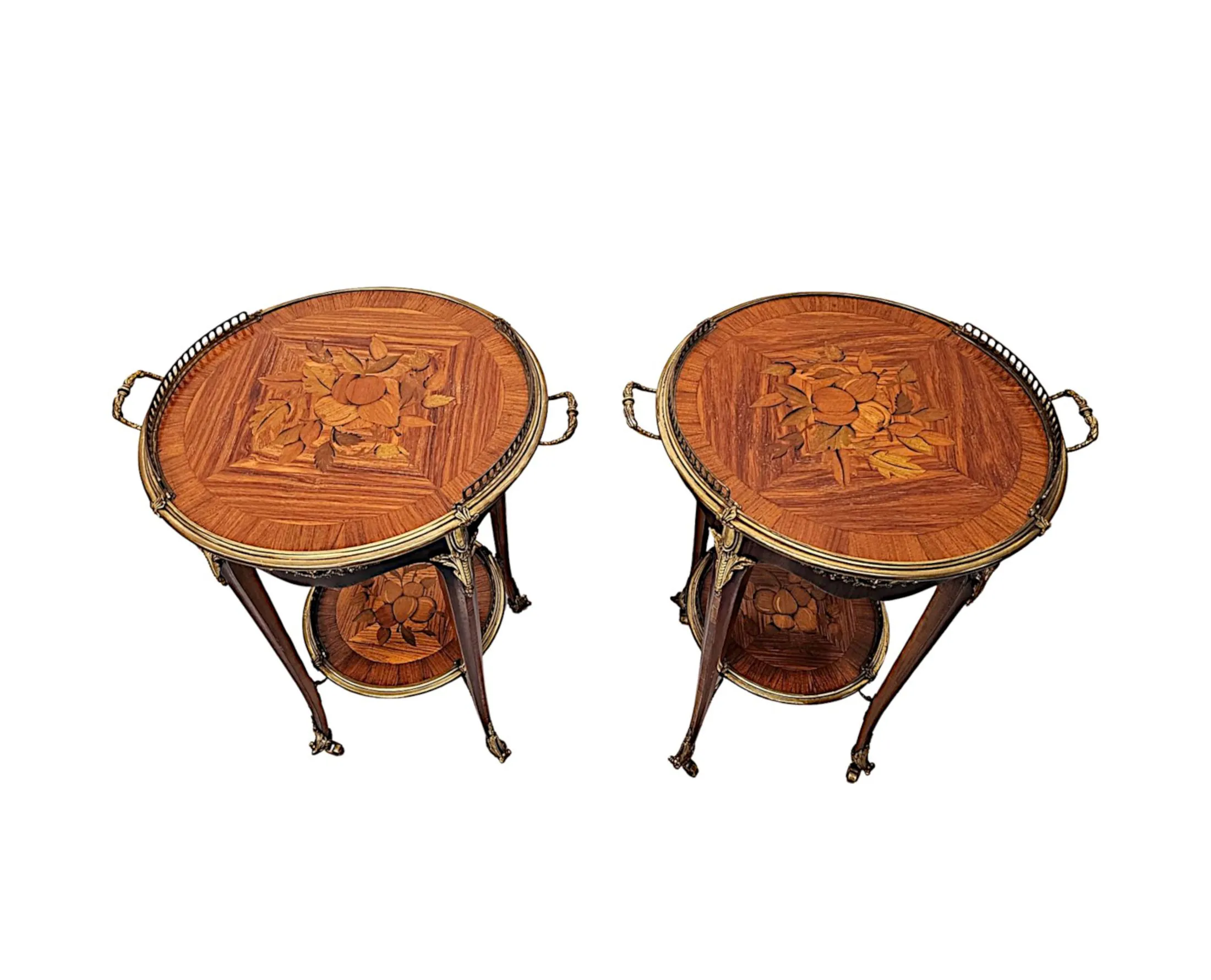 A Fabulous Pair of 20th Century Marquetry Inlaid Occasional Tables with Ormolu Mounts