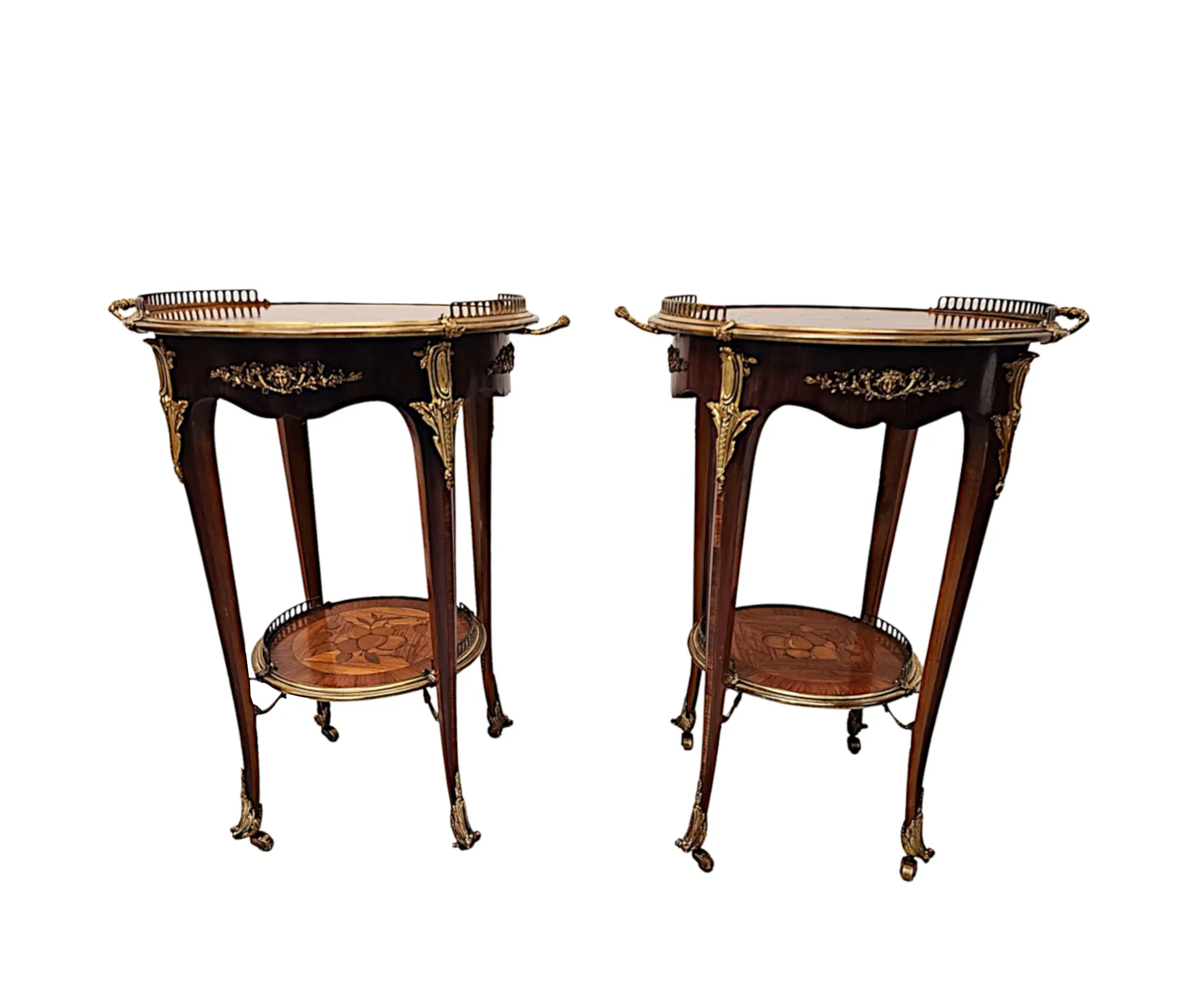 A Fabulous Pair of 20th Century Marquetry Inlaid Occasional Tables with Ormolu Mounts