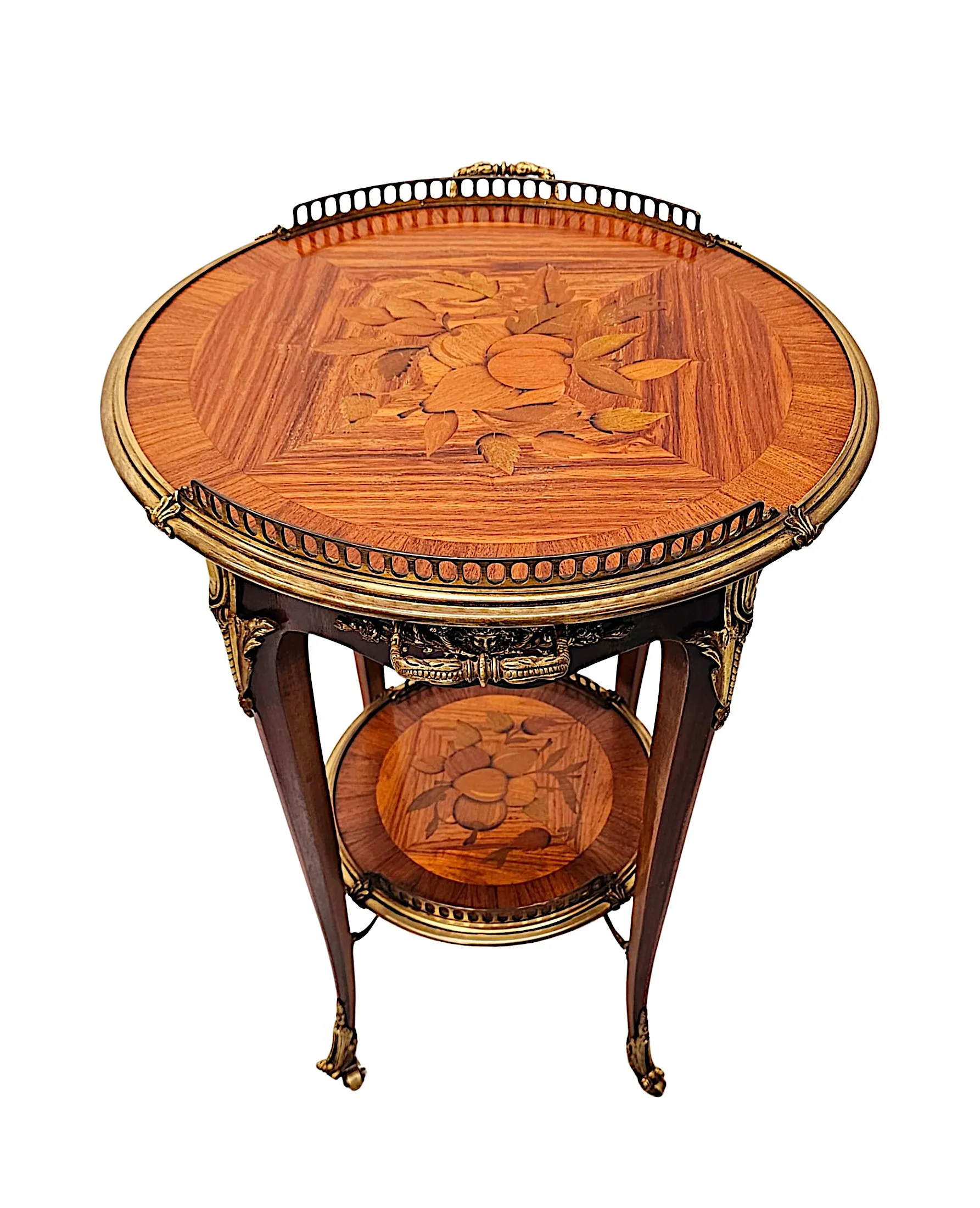 A Fabulous Pair of 20th Century Marquetry Inlaid Occasional Tables with Ormolu Mounts