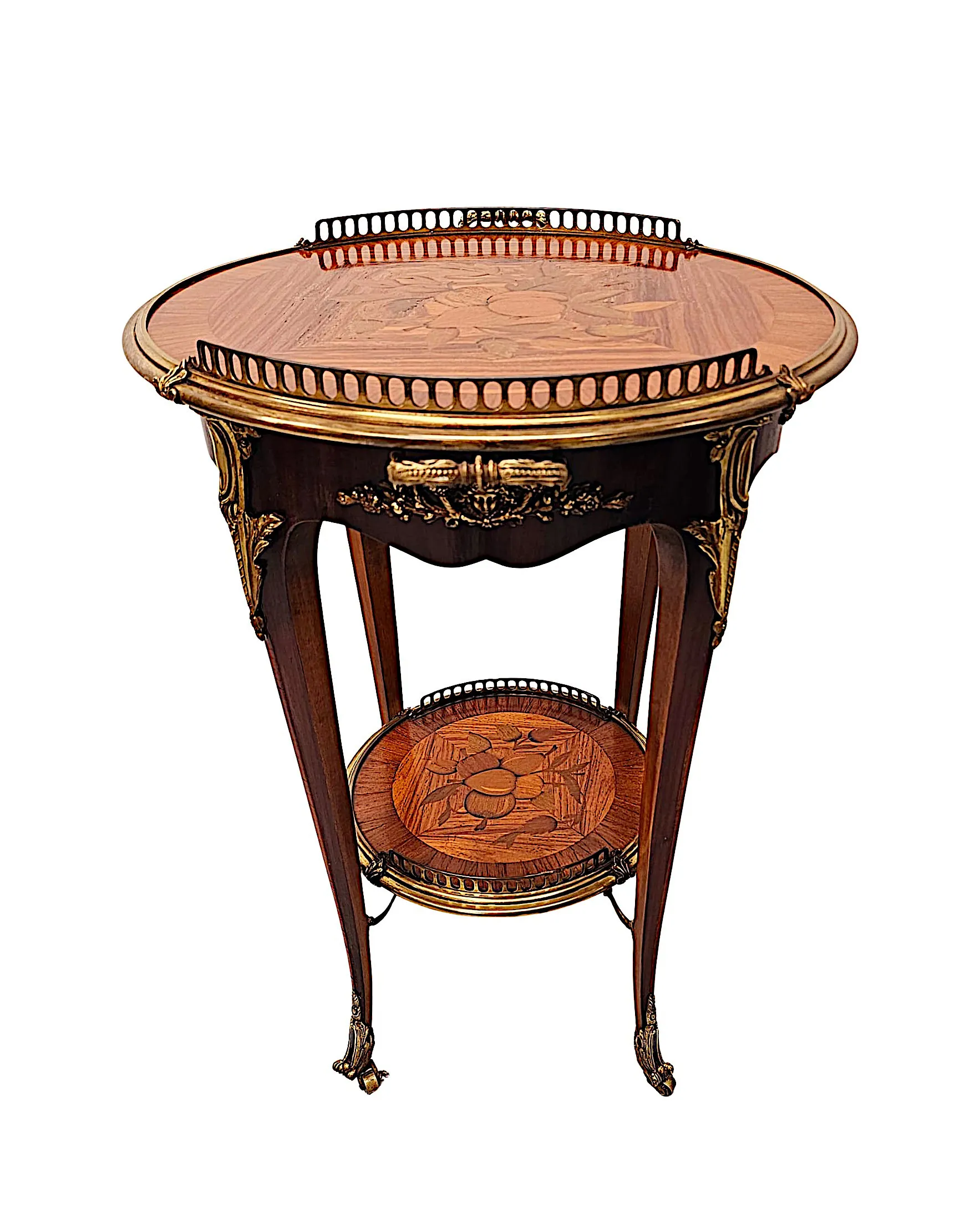 A Fabulous Pair of 20th Century Marquetry Inlaid Occasional Tables with Ormolu Mounts