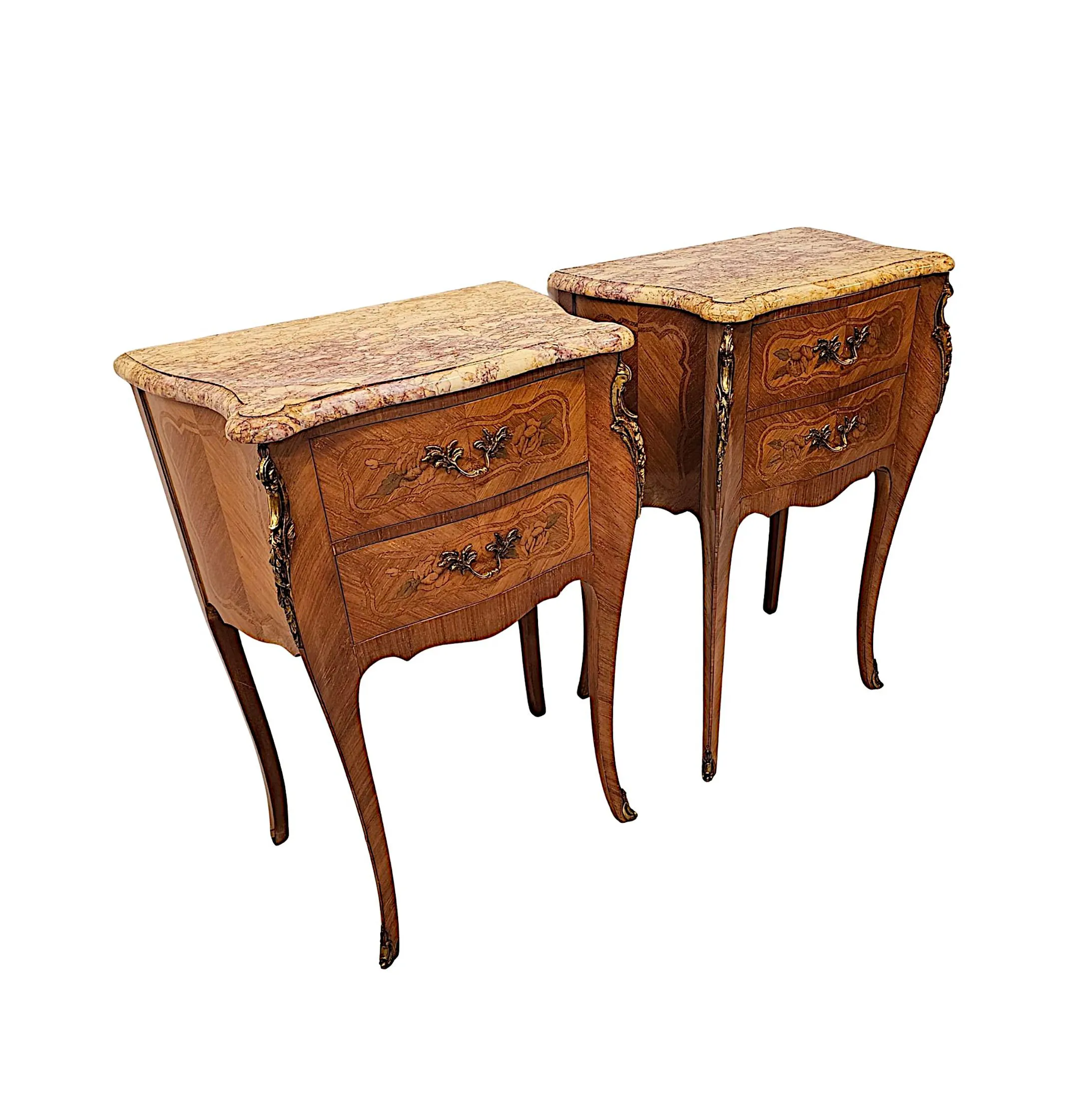  A Fabulous Pair of 20th Century Marquetry Inlaid Marble Top Bedside Chests