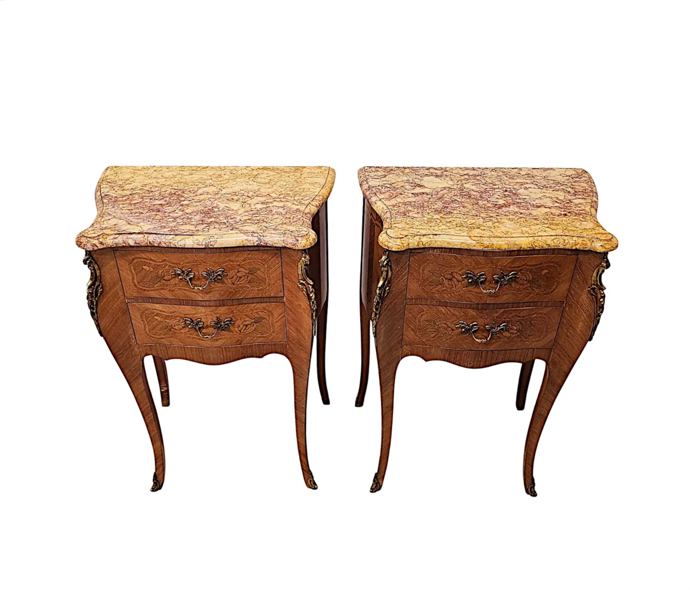  A Fabulous Pair of 20th Century Marquetry Inlaid Marble Top Bedside Chests