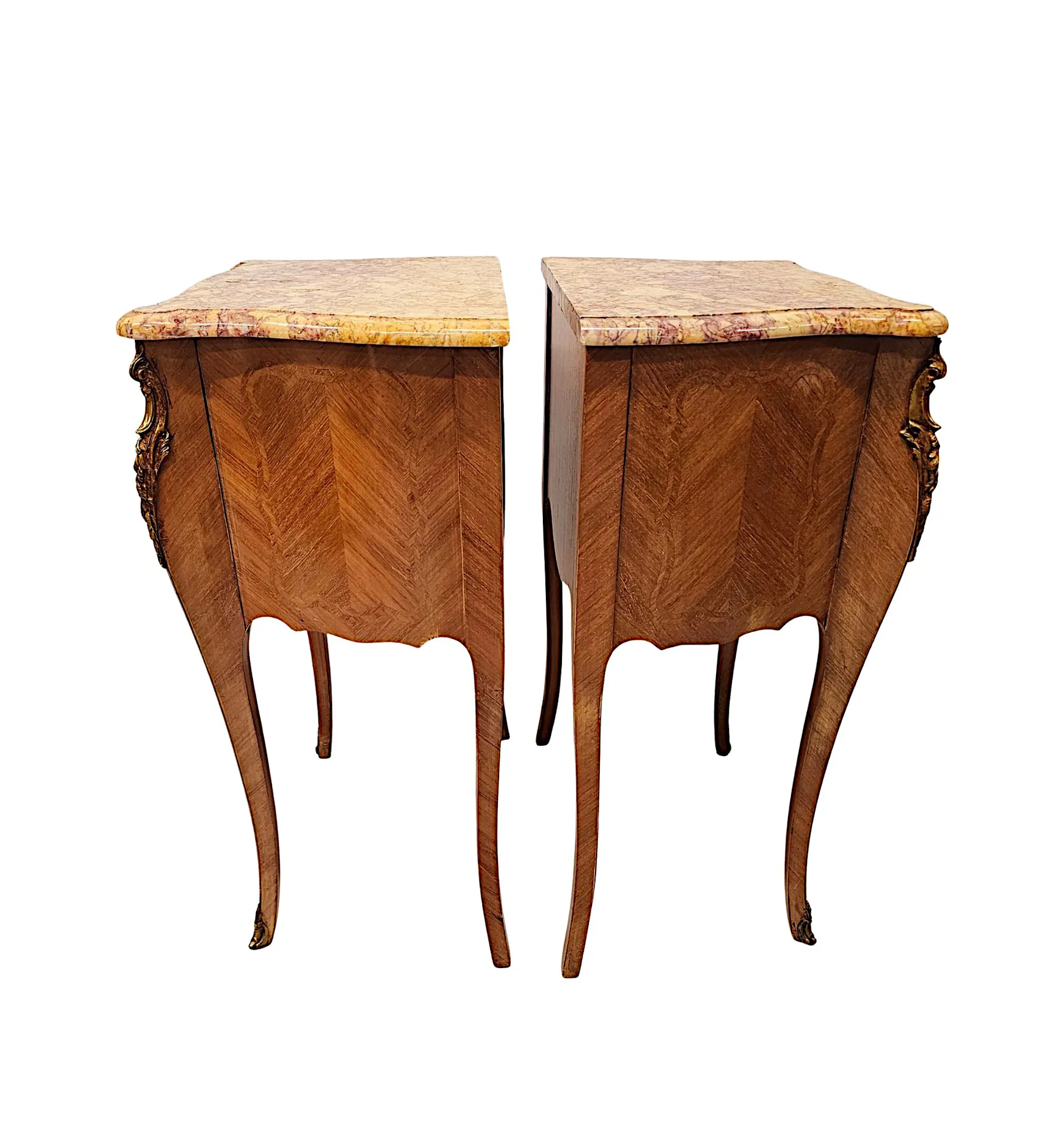  A Fabulous Pair of 20th Century Marquetry Inlaid Marble Top Bedside Chests