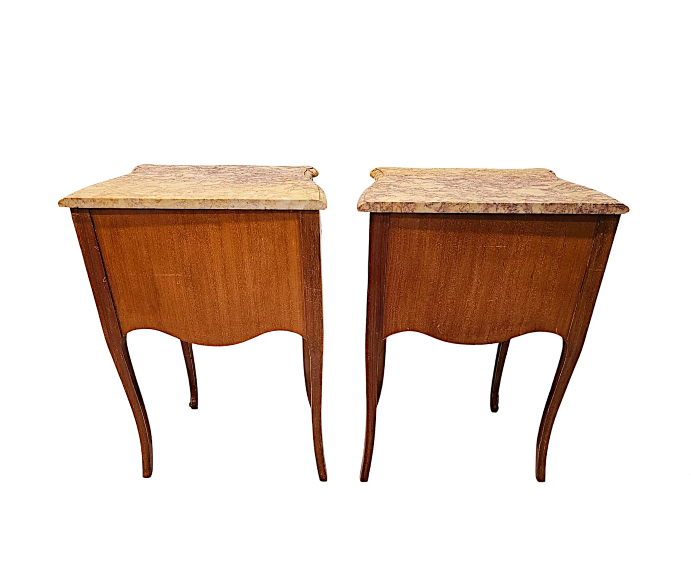  A Fabulous Pair of 20th Century Marquetry Inlaid Marble Top Bedside Chests