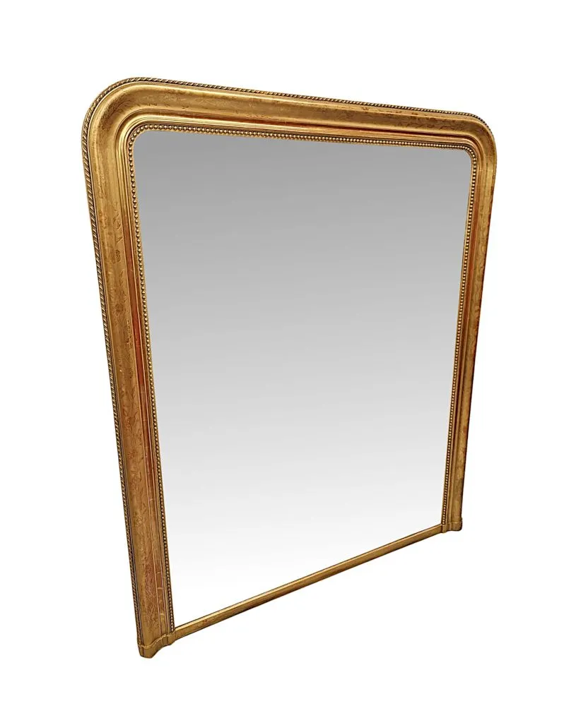  A Lovely 19th Century Large Size Giltwood Overmantel Mirror With Floral Embossed Detail