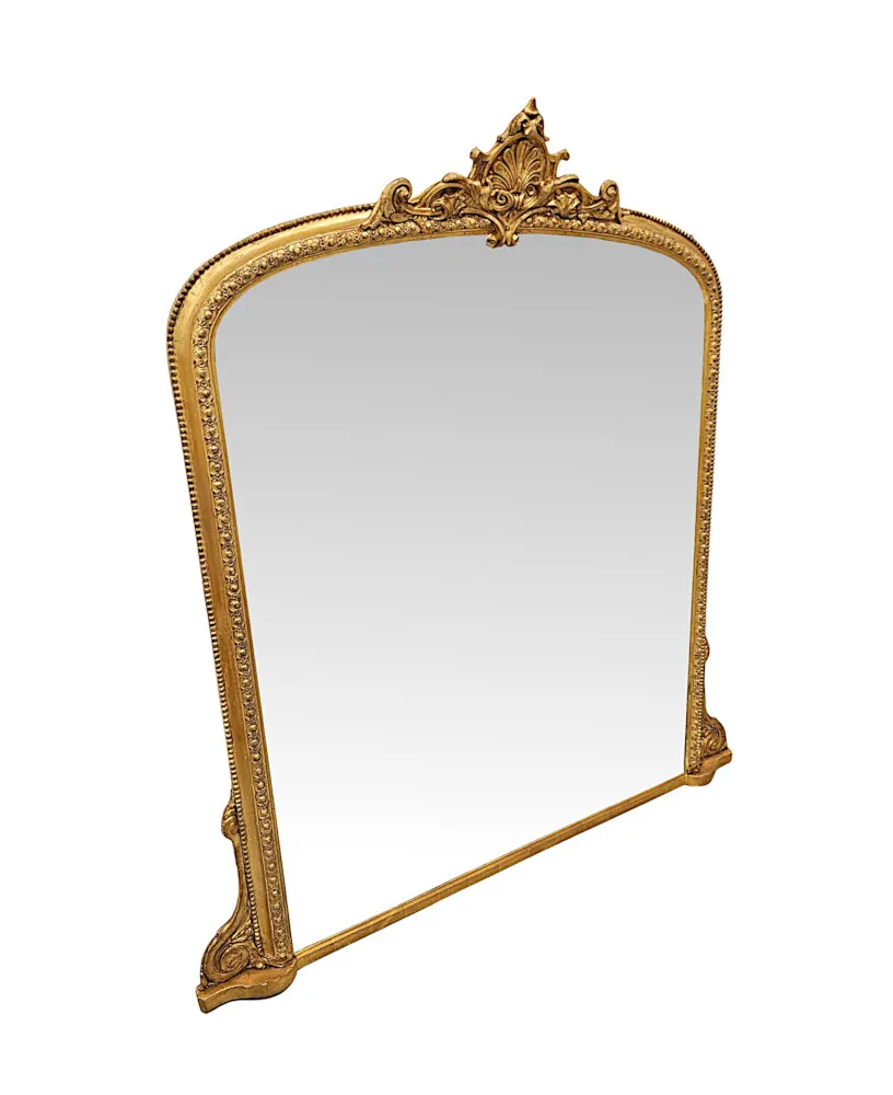 A Very Fine  Large 19th Century Archtop Giltwood Overmantel Mirror With Central Cartouche
