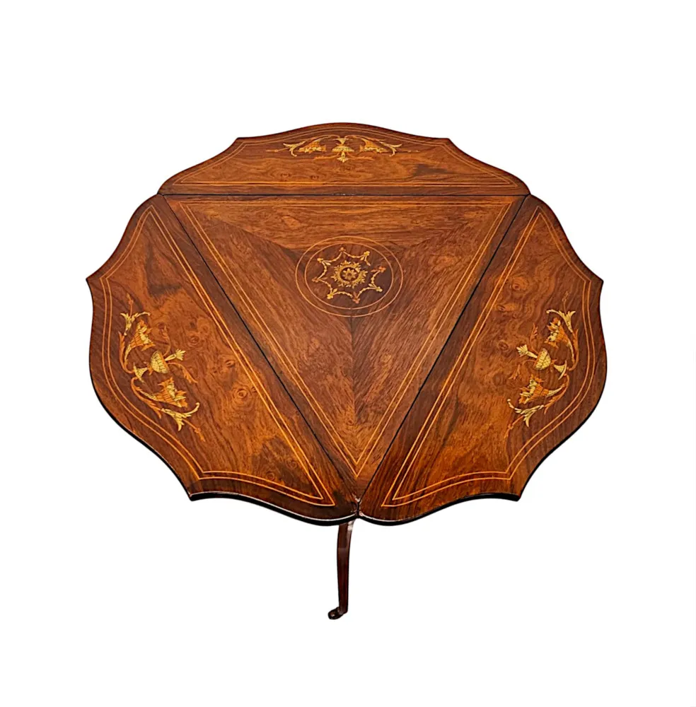 A Gorgeous Late 19th Century Inlaid Drop Leaf Triangular Occasional or Lamp Table